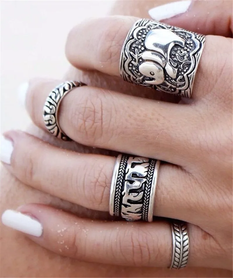 

Antique Silver Elephant 4PCS/Set Midi Mid knuckle Ring Set Vintage Unique Punk Carved Totem Lucky Rings Women Hot Bohemian 5R059