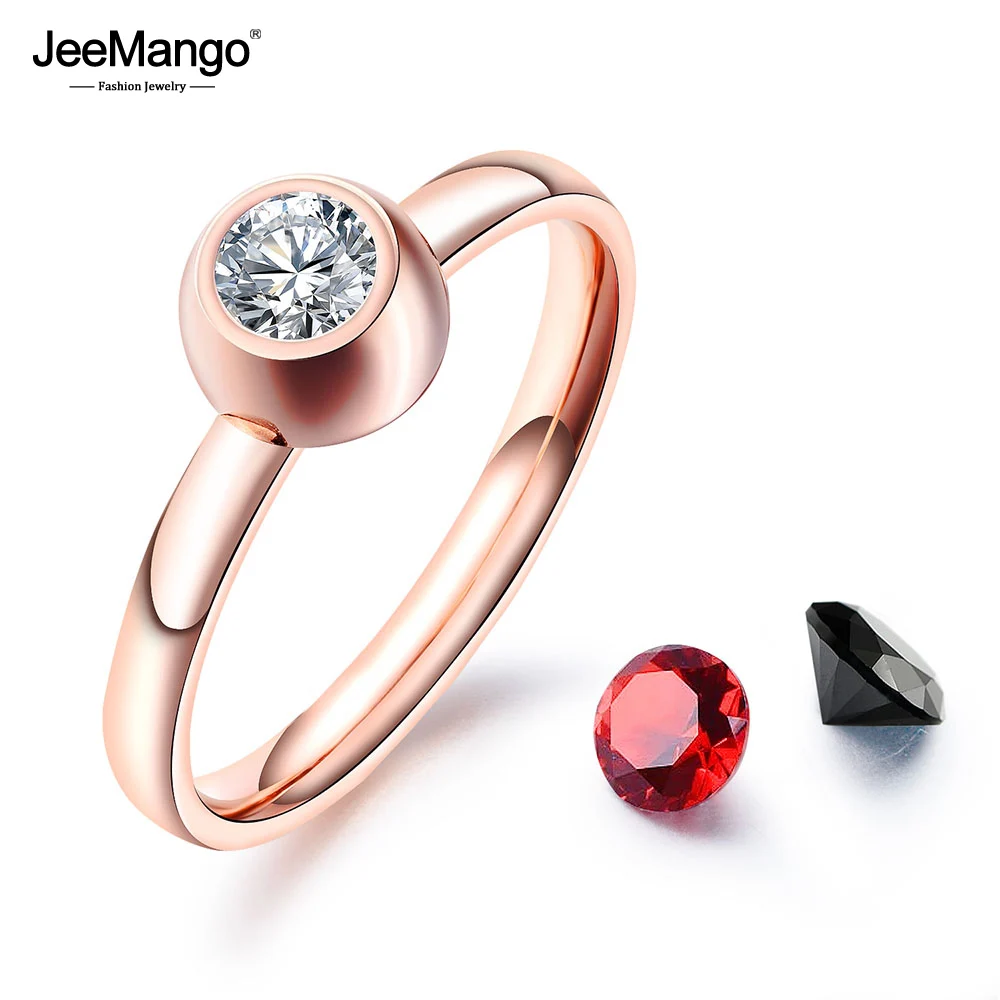 

JeeMango Diy Black/White/Red CZ Crystal Wedding Rings Jewelry For Women Girls Rose Gold Stainless Steel Anniversary Ring JOGJ650