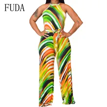 FUDA Vintage Mid Waist Belted Jumpsuits Women Summer Sleeveless Off Shoulder Ladies Playsuits Casual Printed Detail Bodysuits o ring detail self belted shorts