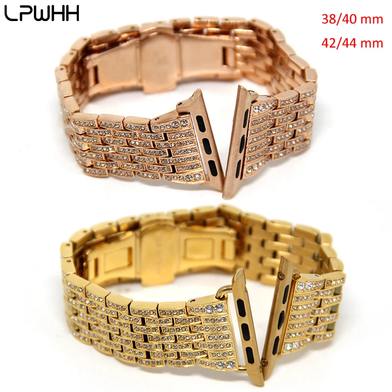 

LPWHH Diamond Beaded Watchband For Apple Watch With Drill Seven Beads Stainless Steel Strap For Iwatch 4 3 2 1 Elegant Wristband