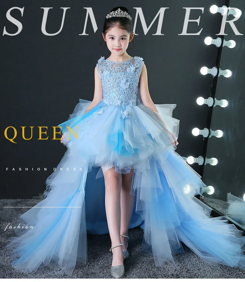 Синий роскошный для девочек в цветочек платья для свадьбы Съемная с длинным шлейфом платье принцессы бальное платье с аппликацией Детские