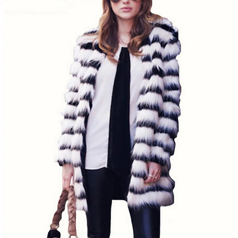 Femmes 6xl Renard Striped De Taille Imitation Fourrure Blanc Noir Long Rayé Manteau Hiver Mode La 5xl Automne H094 Plus Faux Moyen 2017 0HC1wqPfxn