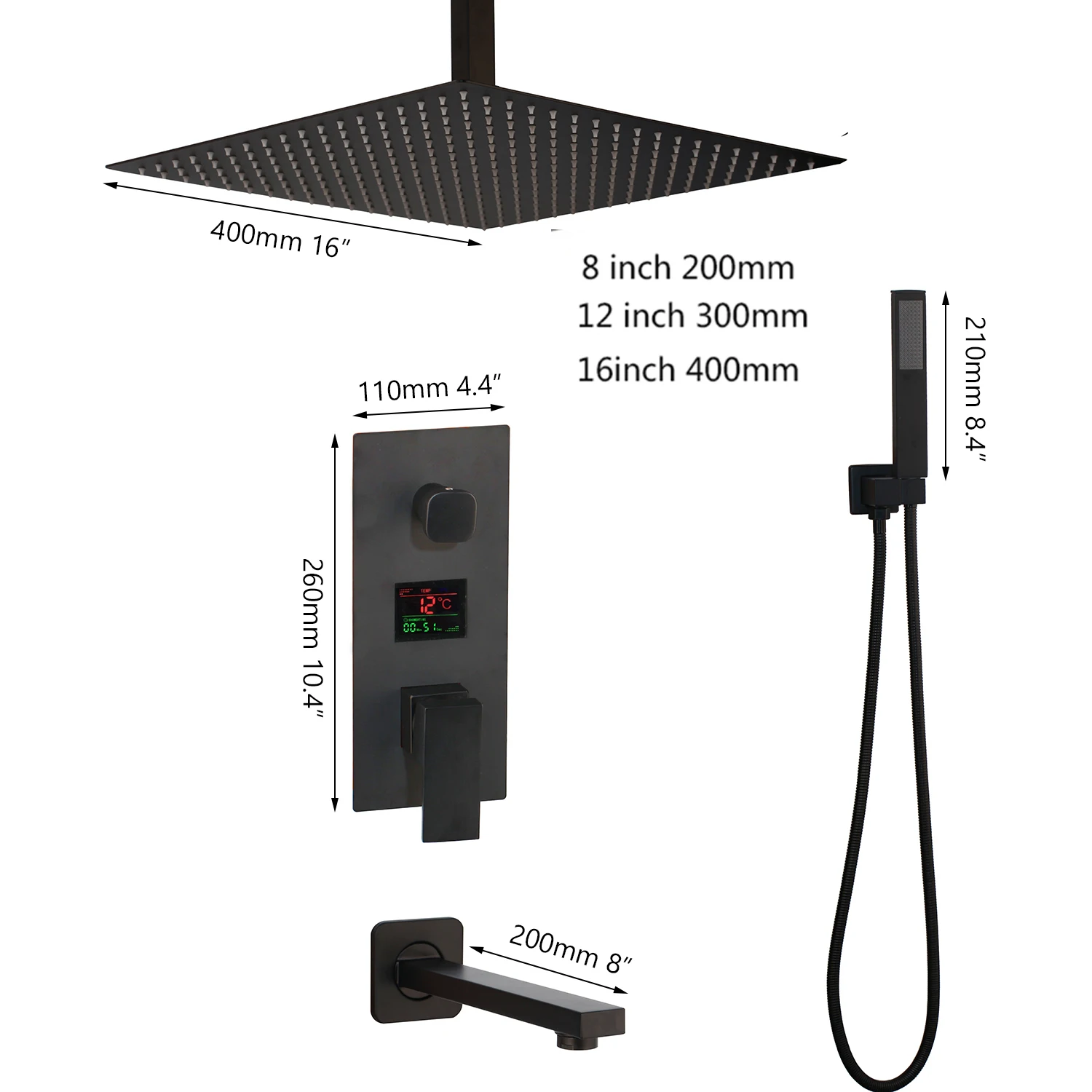 KEMAIDI Black Brass Bathroom Shower Faucet Digital Display Mixer Taps 3-Functions Shower Systerm Wall Mounted Bathtub Tap