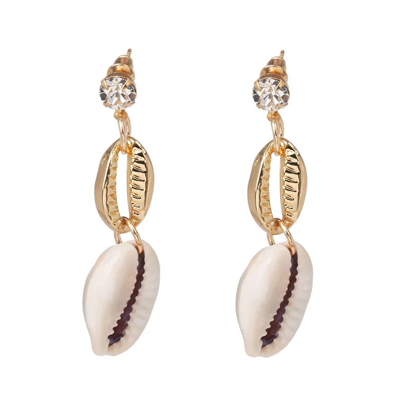 

Double Layer Shell Dangle Earrings for Women Crystal Sea Shell Charm Drop Earrings Boho Ethnic Statement Earings Fashion Jewelry