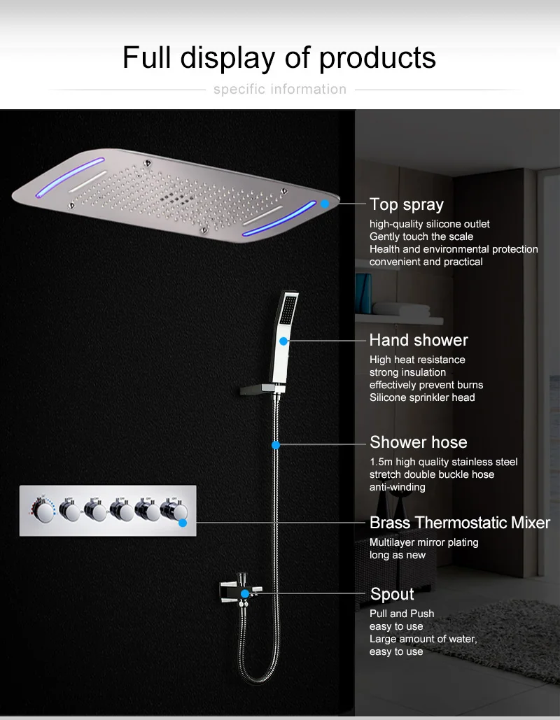 Concea светодио дный Дождь душ Термостатический высокой потока Многофункциональный светодио дный смесители для душа тумана водопад массаж
