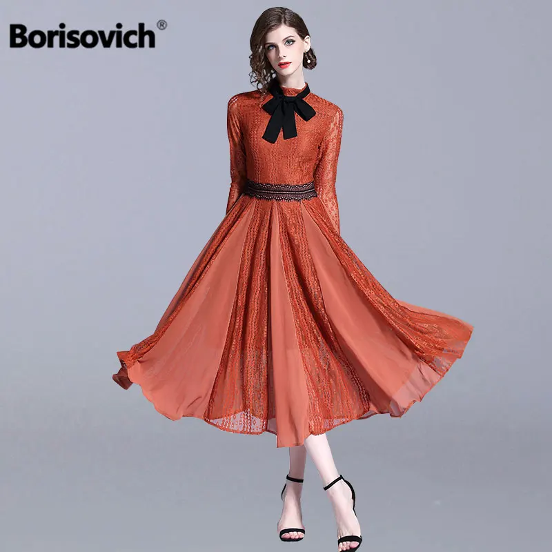 Borisovich женское вечернее платье Новый бренд 2018 осень Мода шифон кружево с отделкой