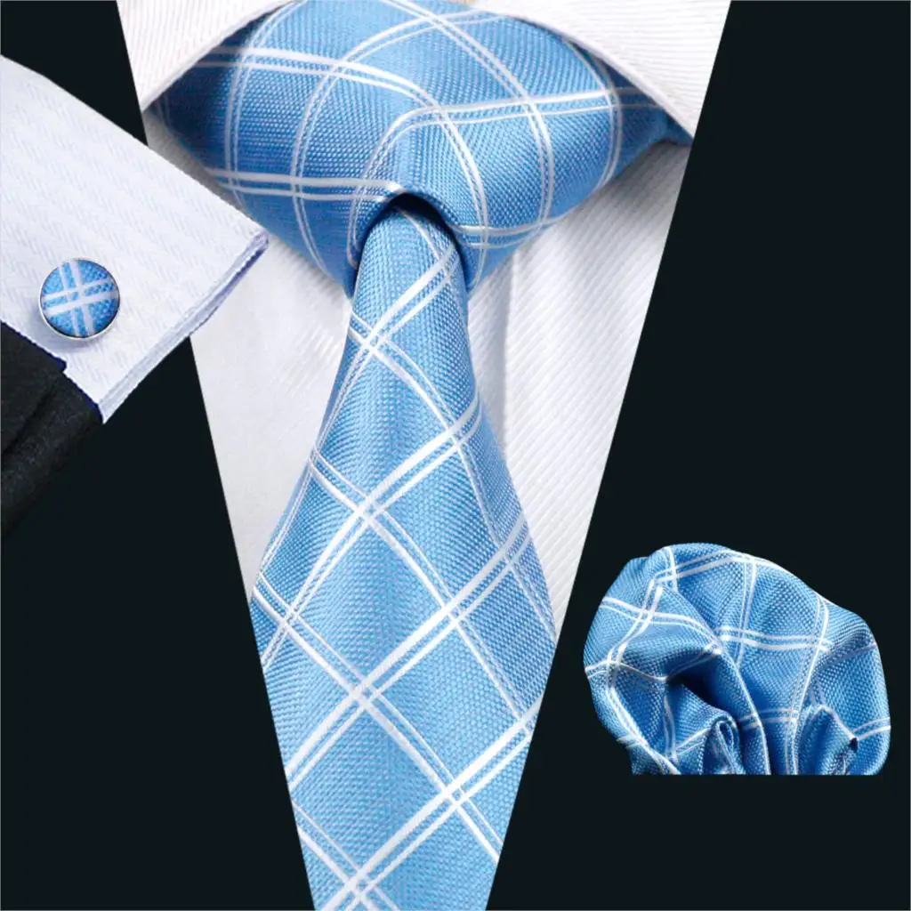 Fa-378 мужские галстук синий плед 100% шелк жаккард галстук Ханки Запонки Комплект Бизнес Свадебная вечеринка Галстуки для Для мужчин;