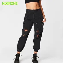 Женская одежда Высокая талия отверстие твердой Потертая джинсовая ткань Капри расслабленным Штаны Женские повседневные свободные прямые Хлопковые джинсы K1940