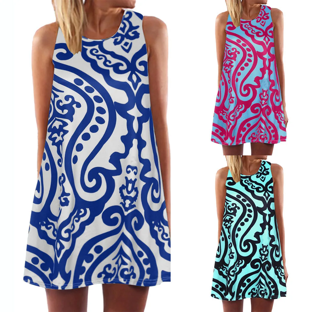 

Vintage Boho Women's Summer Sleeveless Dress female Casual Beach Print Short Mini Dress ladies Large Size Loose dames