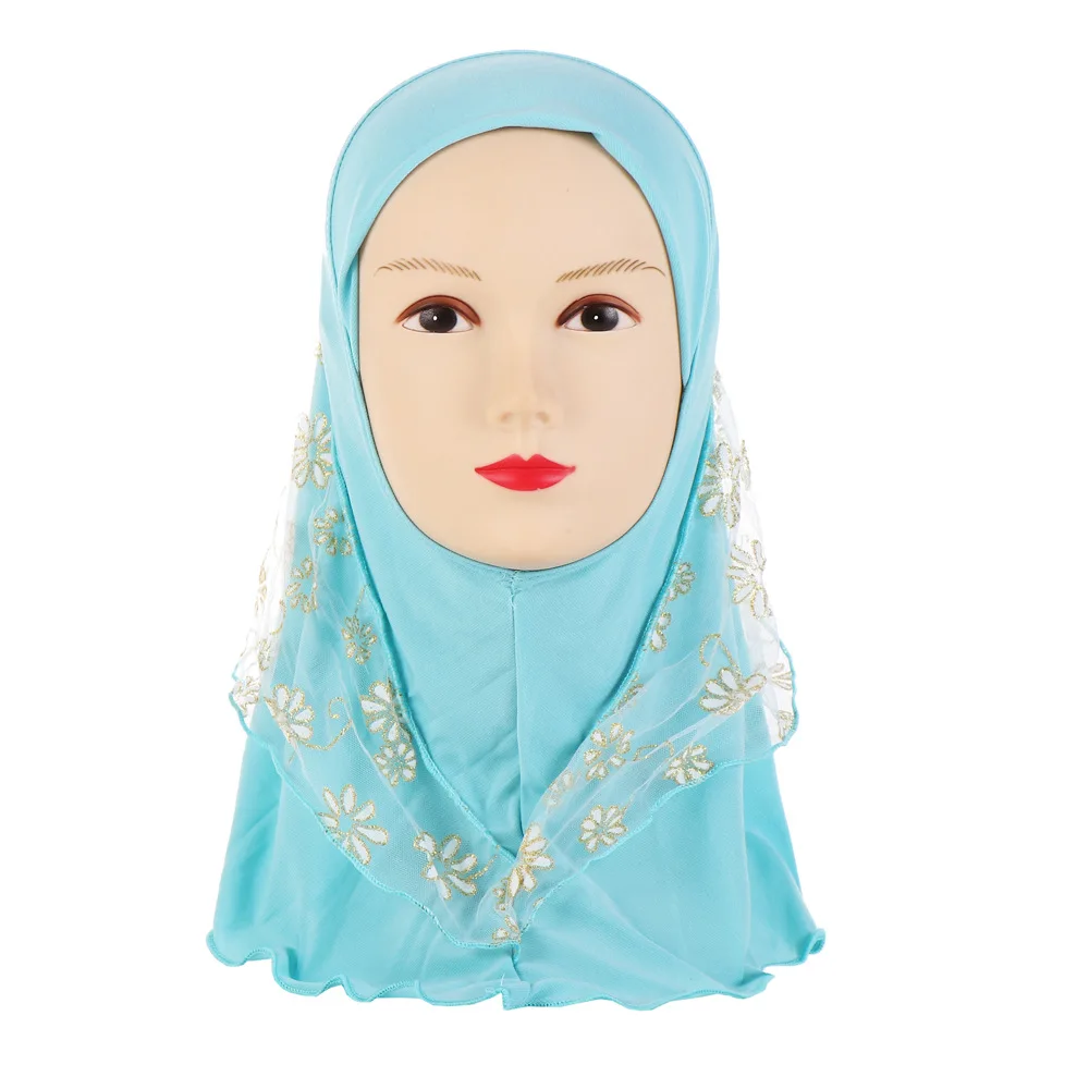 PPXX хлопковый головной платок для девочки кружевной Цветочный мусульманский платок-хиджаб головной убор для девочек Hijabs головной убор модный - Цвет: Небесно-голубой