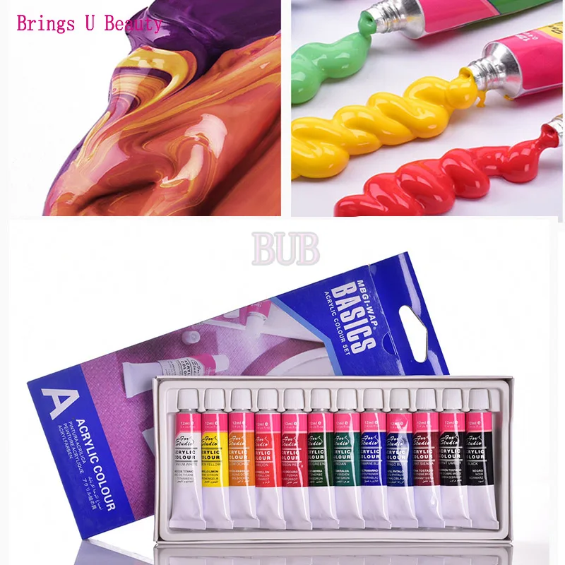 

12 Colors Acrylic Paint Color Set Professional 12 Tubes 6 ML Pigment for Artists Nail Art Hand Wall Textile Drawing Free Brush