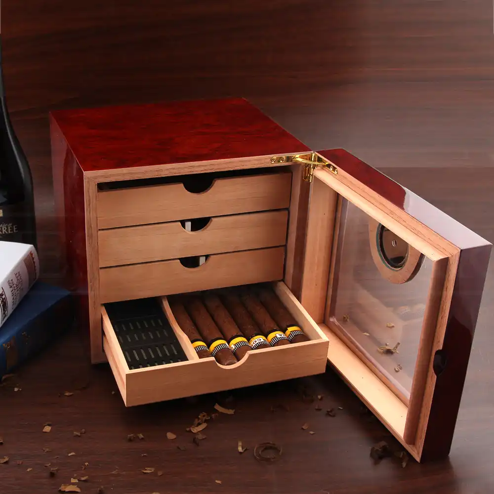 Black Glossy Cigar Humidor Box Cedar Wood Cigar Case W/ Humidifier