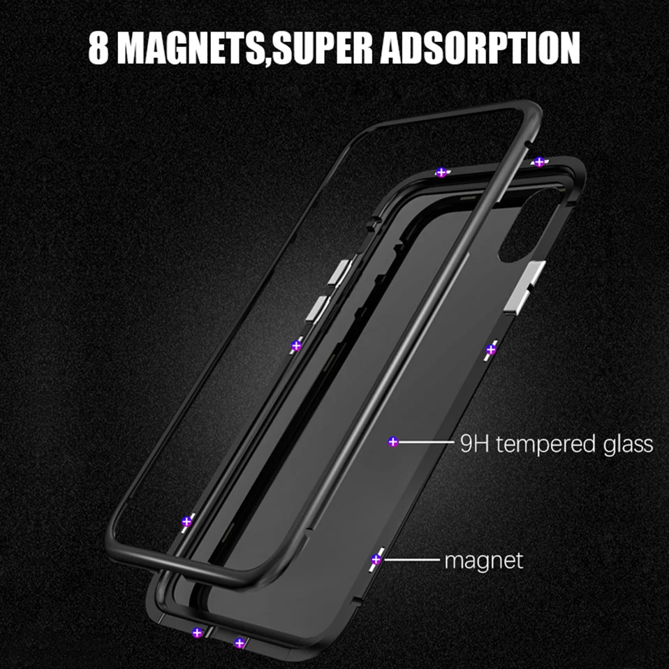 Роскошные Магнитная адсорбции чехол для iPhone X Xs Max Xr 8 7 6 S Plus из металла двухсторонняя, для стекла закаленное Стекло откидная крышка