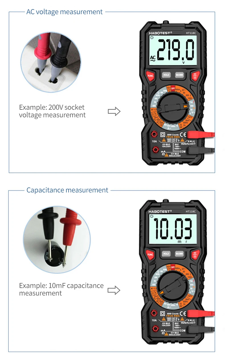 HABOTEST HT118A / C / D Цифровой мультиметр Автоматический диапазон NCV True RMS AC / DC 6000 отсчетов Двухцветный экран Индикатор напряже