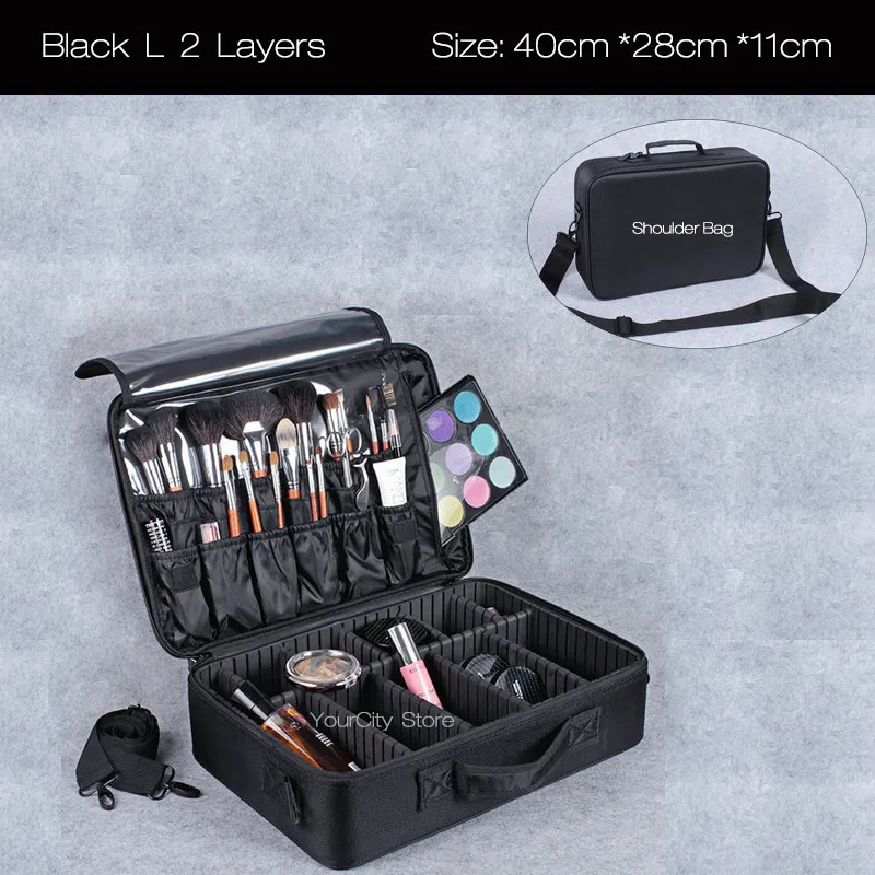 Сумка для макияжа, профессиональная косметичка, водонепроницаемый Женский чехол для макияжа, органайзер для макияжа, большая емкость, сумка для хранения, сумка для путешествий - Цвет: Black L 2 Layers