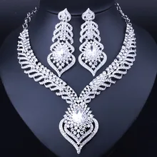 Hot sale Silver Plated White Crystal Rhinestones Feather shaped Necklace Earrings Set African Bridal Jewelry Sets