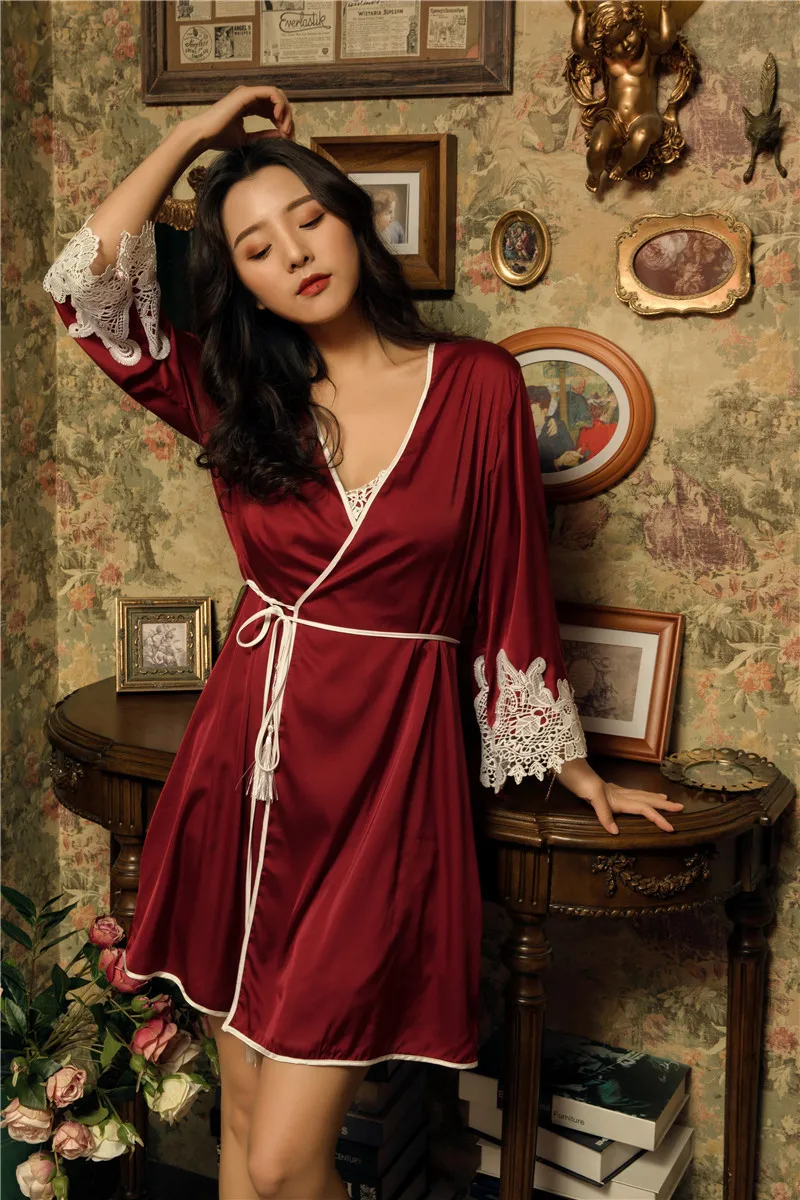 Сексуальная кружевная Пижама для женщин на весну и лето, ночная рубашка, шелковый халат, комплект с ремнем на груди, Пижама