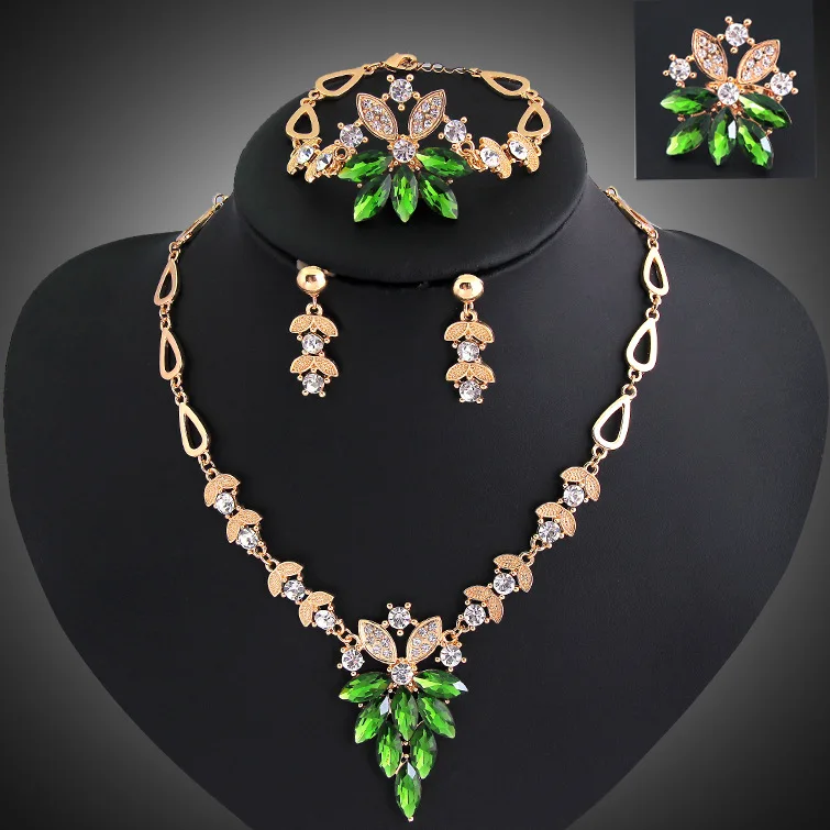 

2018 New Women Fashion Jewelry Sets Gold Water Rhinestone Drop Crystal Necklaces Earrings Bracelet Brooch female wedding Gift