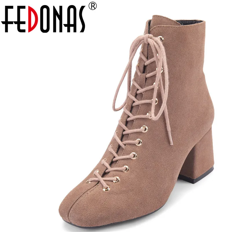 

FEDONAS 1Fashion Women Ankle Boots Autumn Winter Warm Cow Suede High Heels Shoes Woman Square Toe Elegant Cross-tied Basic Boots