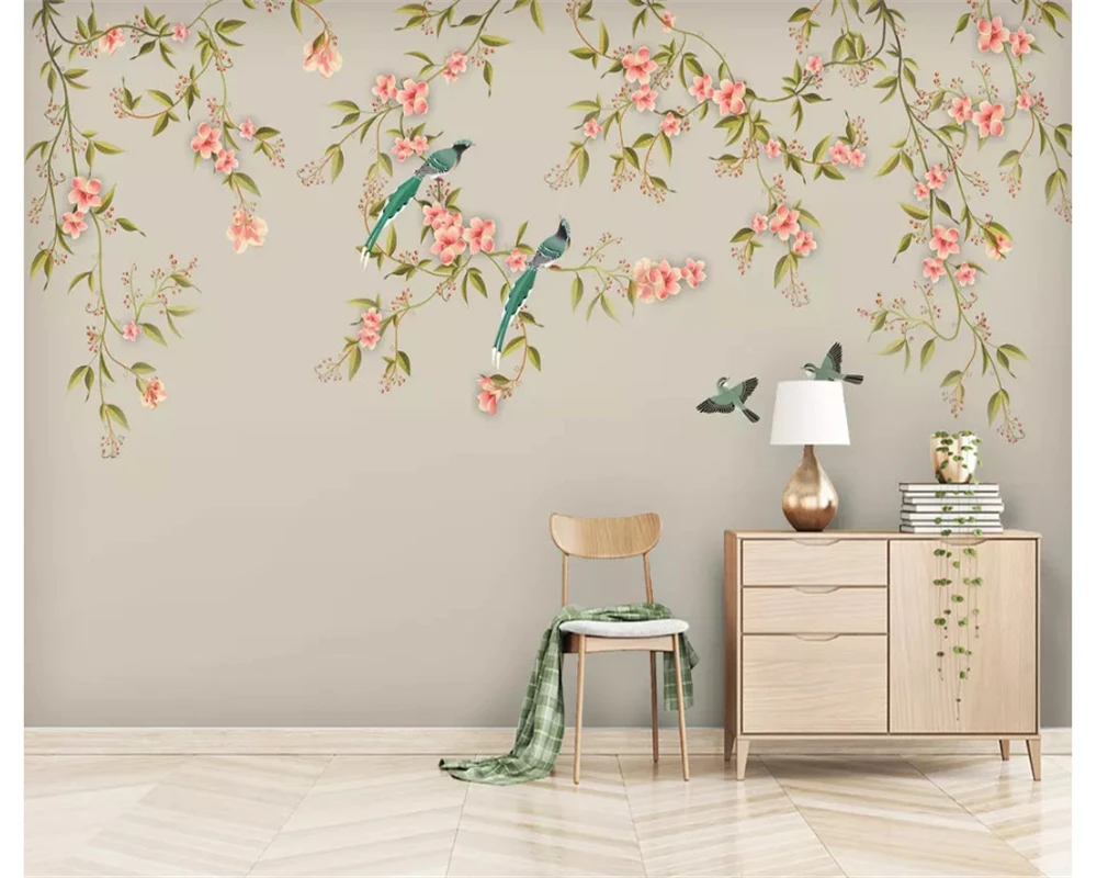 

beibehang Fashion papel de parede wallpaper new Chinese style hand-painted flowers birds pen flowers birds TV background behang