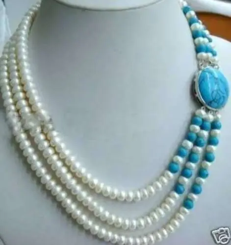 

TDRUIFC Free shipping >>>>>>Beautiful 3 Row 5x8mm White necklace Turquoise buckle