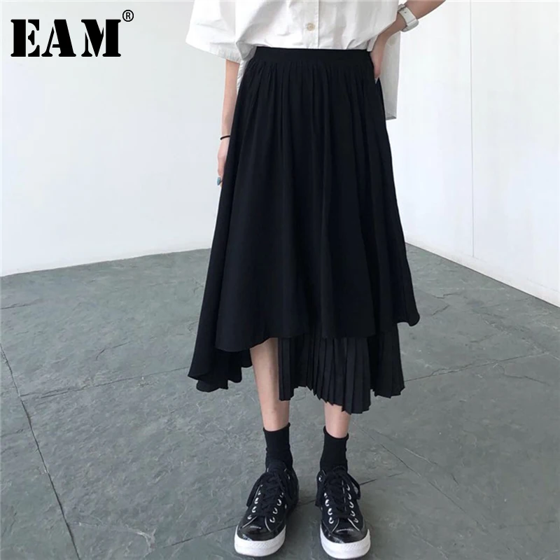 

[EAM] 2019 New Spring Summer High Elastic Waist Black Irregular Pleated Temperament Half-body Skirt Women Fashion Tide JX290