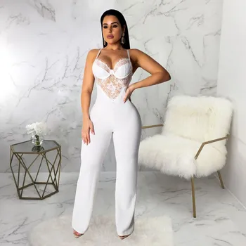 

Women Strapless Lace Patchwork Jumpsuit Backless Wide Leg Playsuit Deep V-neck Overalls