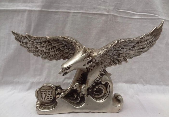 

S3911 13" Chinese Silver Bird Sculpture Fu Fly Eagle Hawk Brass King Of Birds Statue D0317