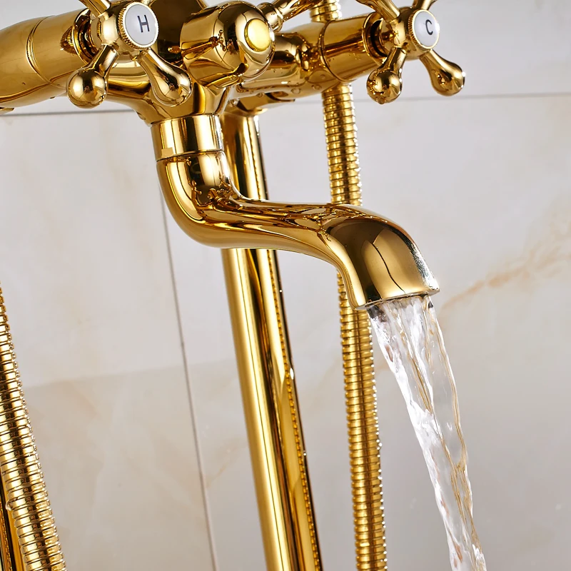 Uythner Gold Floor Mounted Tub Sink Faucet Dual Handle Bathroom Bath Shower Set Freestanding Bathtub Mixer Tap with Handshower 5