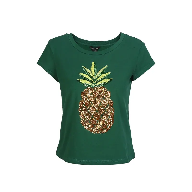 HDY Women T-shirts 2017 Summer Pineapple Sequined T Shirts Beading Tee Women Casual Short Sleeve Green Shirt chemise tube blusa Tops
