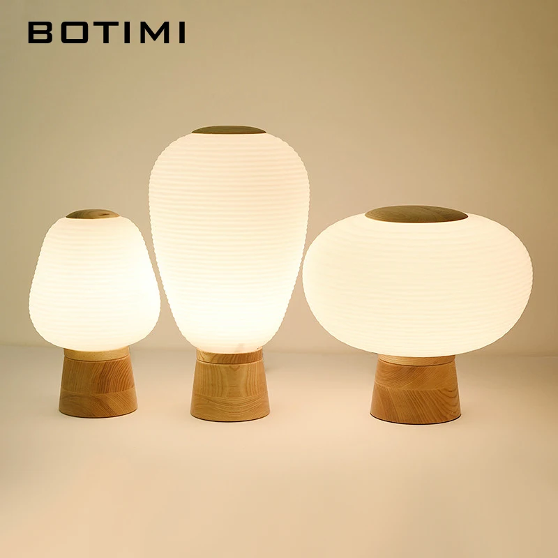 

BOTIMI Japanese Style LED Table Lamp With Glass Lampshade Wooden Bedside Lighting Book Lamps Reading Button Switch Luminaria