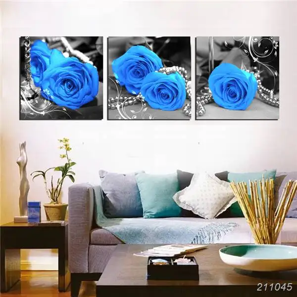 3 Piece Flower Pictures Wall Decor Blue Rose Blue Brown ...
