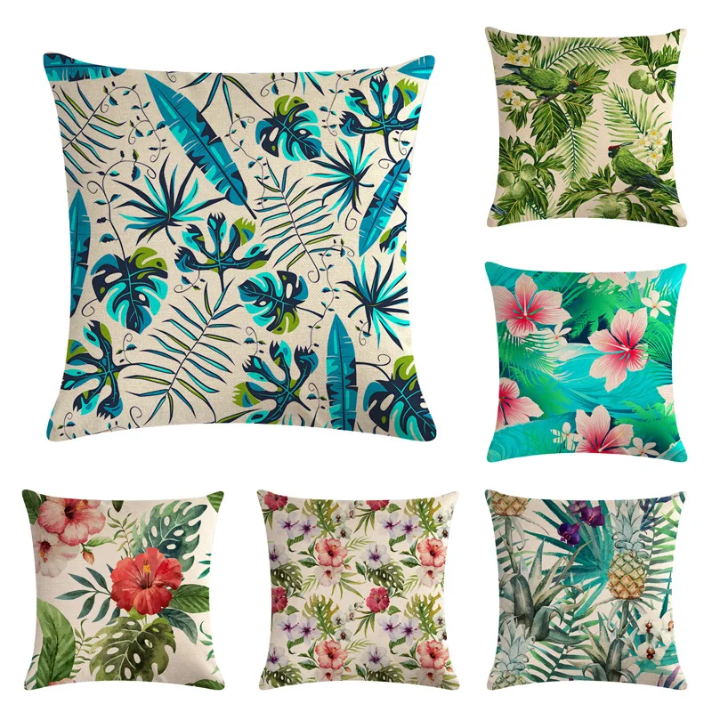 

Beautiful Flower Palm Leaf Green Leaves Monstera Cushion Covers Hibiscus Flower Cushion Cover Decorative Beige Linen Pillow Case