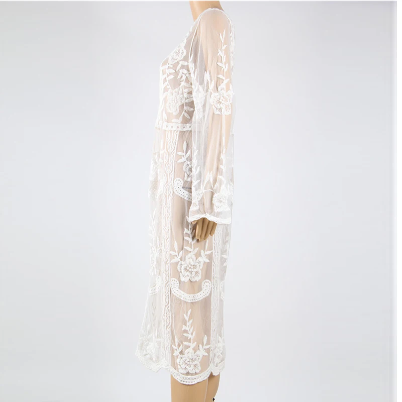 White Lace Long Sleeve Knee Length Loose Beach Dress