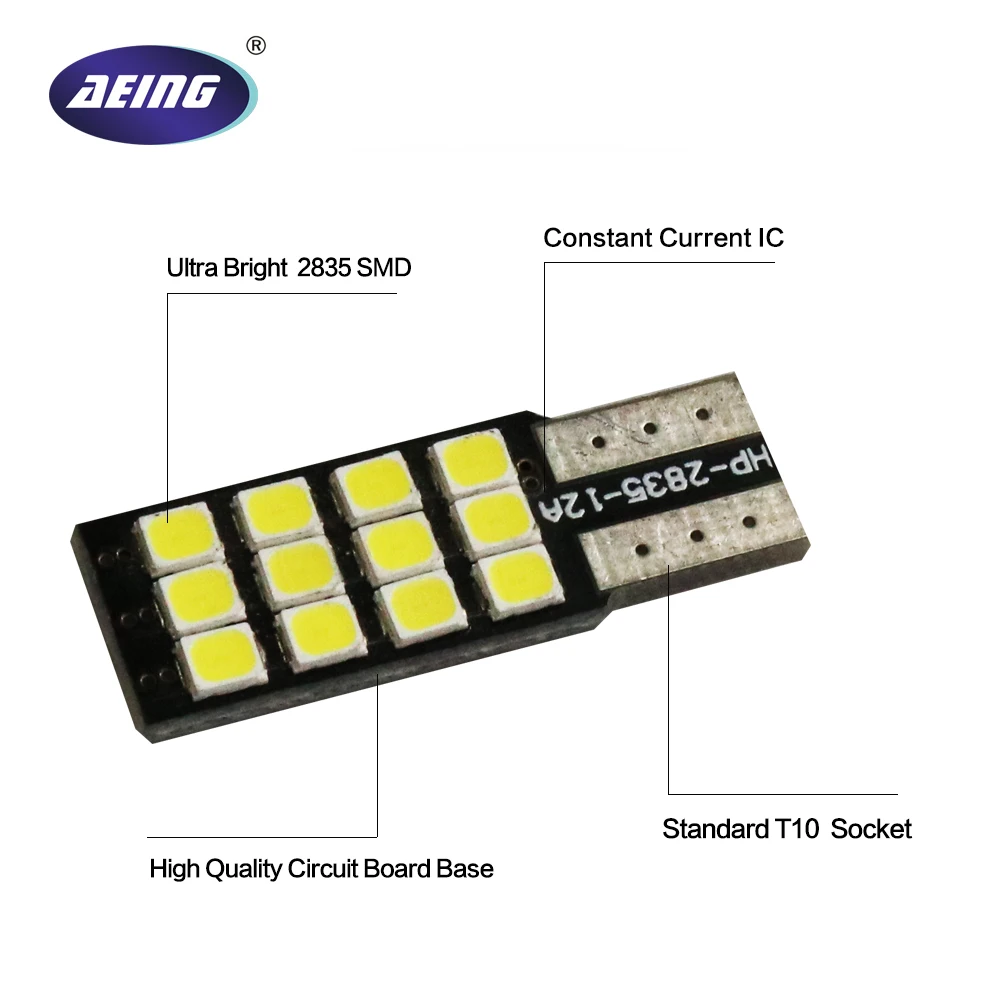 Aeing 1 шт. T10 W5W светодиодный свет лампы автомобиля белого Нет OBC Canbus Error Free 12SMD клиновидные боковые/номерной знак/внутренний и внешний створчатый распашный дверь/лампы для чтения лампа