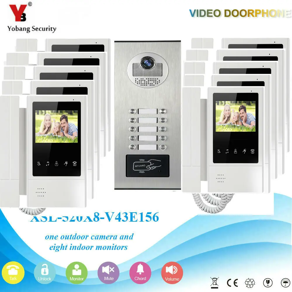 Yobangбезопасности видеодомофон 4," дюймовый видеодомофон дверной звонок камера монитор система RFID контроль доступа 1 камера 10 монитор