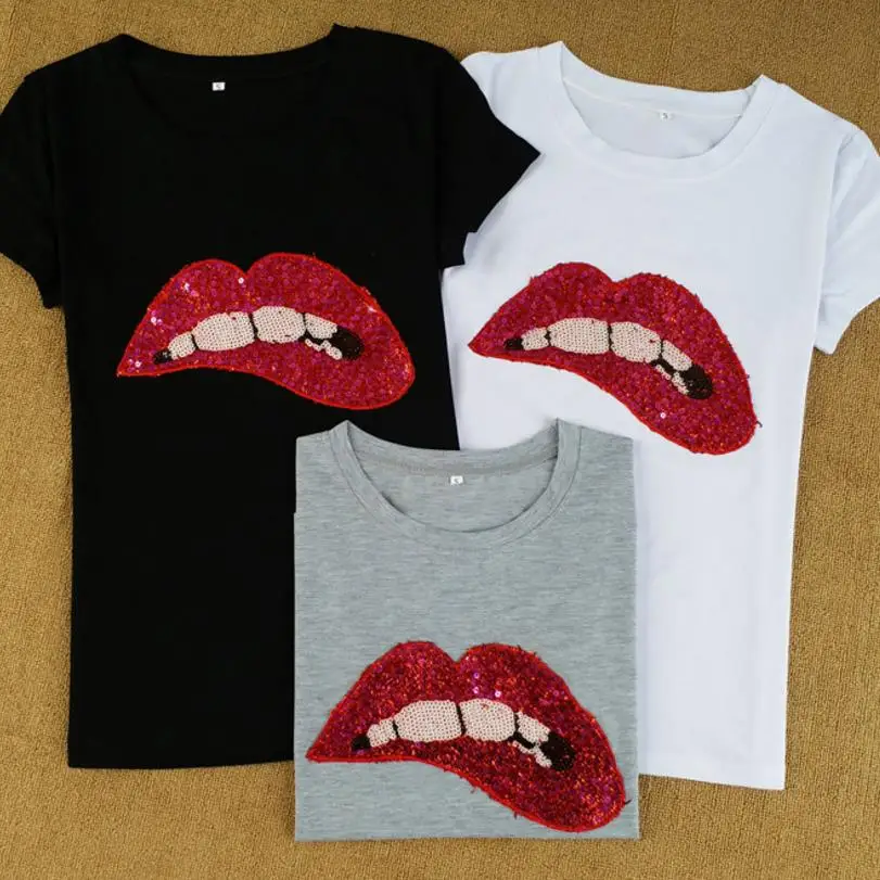Nuevas mujeres lentejuelas labios cuello redondo de manga corta Camiseta camisetas mujer