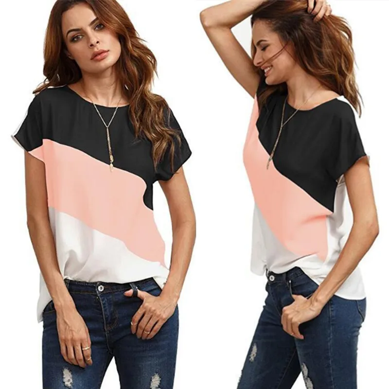 

2019 Summer Women T-shirt New Fashion Three Color Patchwork O-neck Short Sleeve Chiffon Tops Shirt Casual Plus Size Tshirt