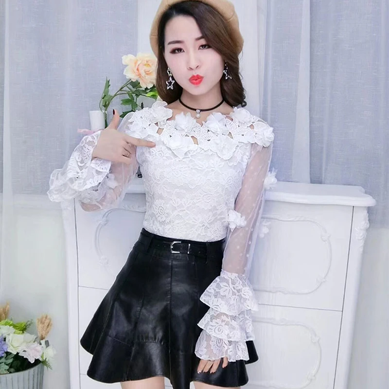 Women Lace Slash neck  Blouse Casual Off Shoulder Top Sexy Club Long sleeves White Blouse Ladies Autumn Hollow Elegant Blouses