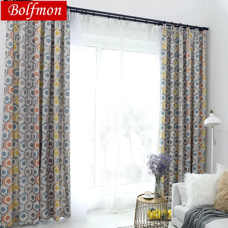 

America Style Cotton Polyester Colorful Window Curtain for Living Room Printed Blue Orange Grey Curtain for Bedroom Drapes