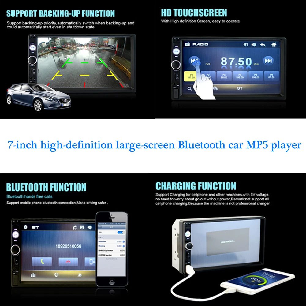 7010B Podofo 2 din Car Radio 7' HD Touch Screen Digital Display Bluetooth USB FM Autoradio Multimedia MP5 Player Backup Camera