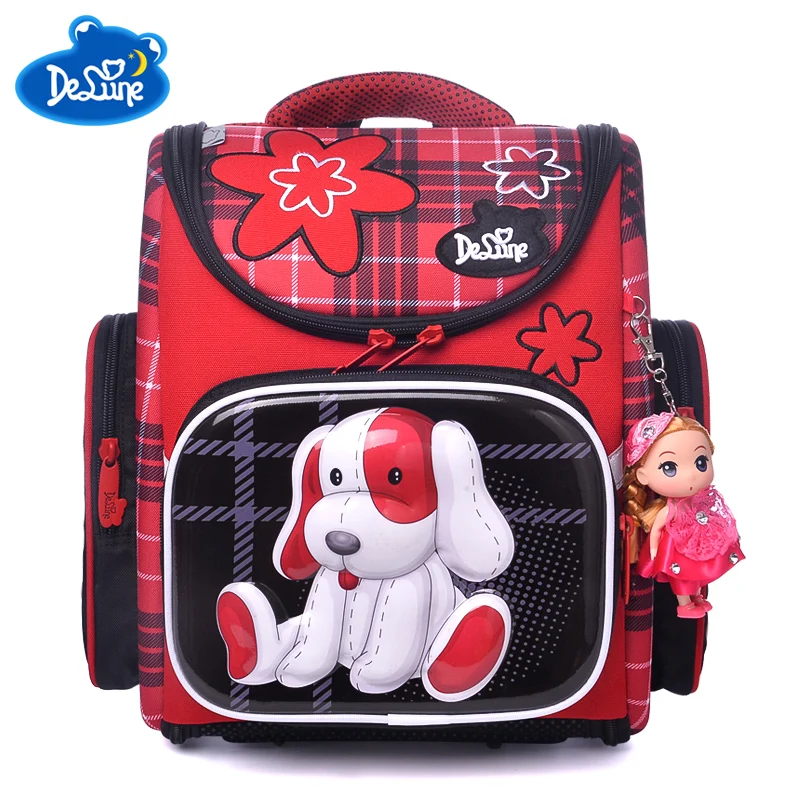 

Delune red Children School Bags Orthopedic Backpacks Waterproof Satchel Kids Cartoon dog School Bags For Girls Mochila Escolar