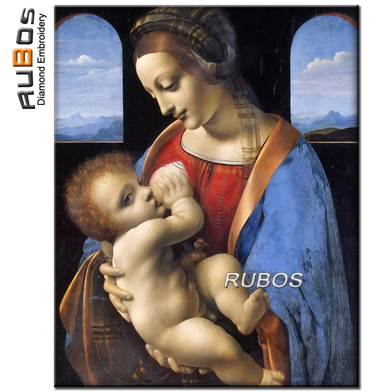 

RUBOS Diamond Mosaic Madonna of Litta Religion Icon Full Round Sale Diamond Painting Cross Stitch Beaded Embroidery Wall Sticker