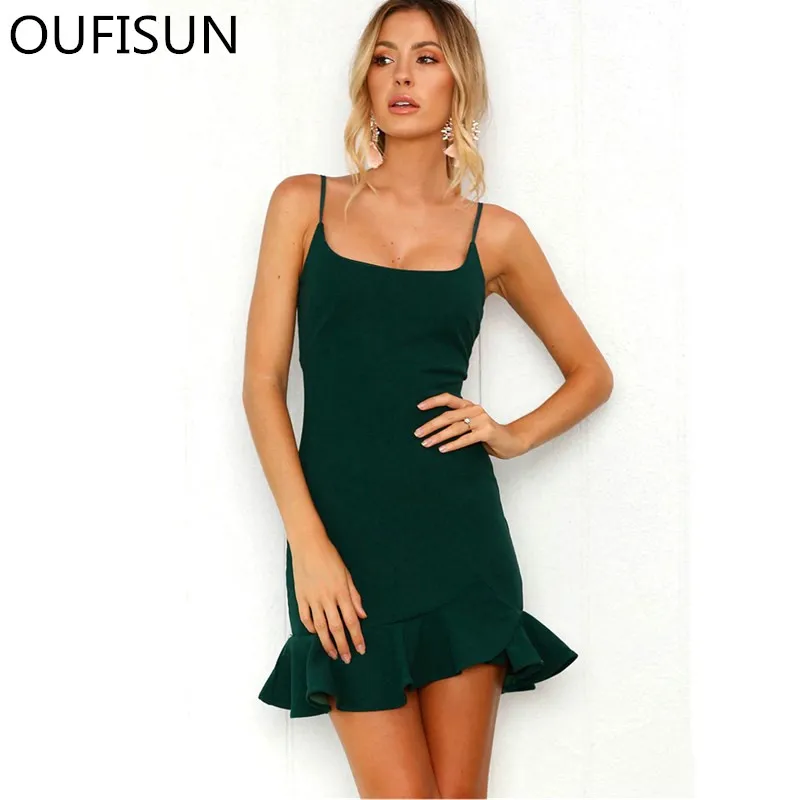 Oufisun 2019 Лето сексуальными тоненькими лямками вечерние платье Для женщин Повседневное плотное кружевное модное платье с низким вырезом на
