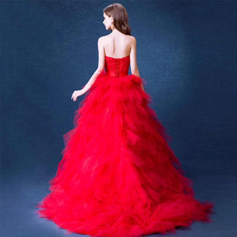 Gorgeous High Low Prom Dresses Strapless Red Color Tiered Tulle Skirt Vestidos De Formal Party Dresses Short Front Long Back black prom dress