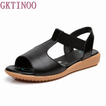 

GKTINOO 2019 Genuine Leather Women Sandals Fashion Summer Sweet Women Flats Heel Sandals Ladies Shoes Black Plus Size 34-43