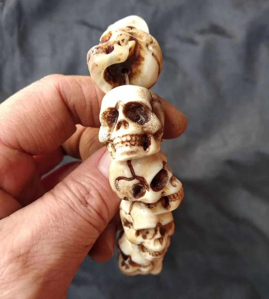 Wonderful Tibetan Old Hand Carved Bone Death s head Bracelet Skull Bangle Rare