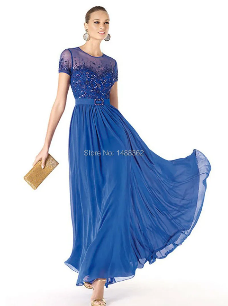 MZ0111 A Line Scoop Blue Chiffon Cap Sleeves Full-Length Evening Dresses for Mature Ladies | Свадьбы и торжества