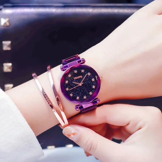 Fashion Women Watch Purple Stylish Rhinestone Mesh Belt Lady Wristwatch Magnet B Fashion Women Watch Purple Stylish Rhinestone Mesh Belt Lady Wristwatch Magnet B