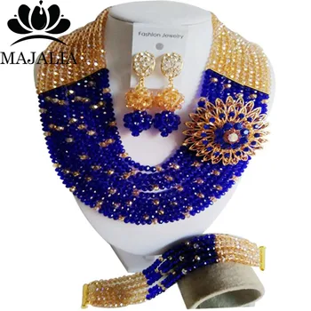 

Majalia Fashion Nigeria Wedding African Beads Jewelry Set Royal blue and Gold ab Crystal Necklace Bridal Jewelry Sets 10CS004